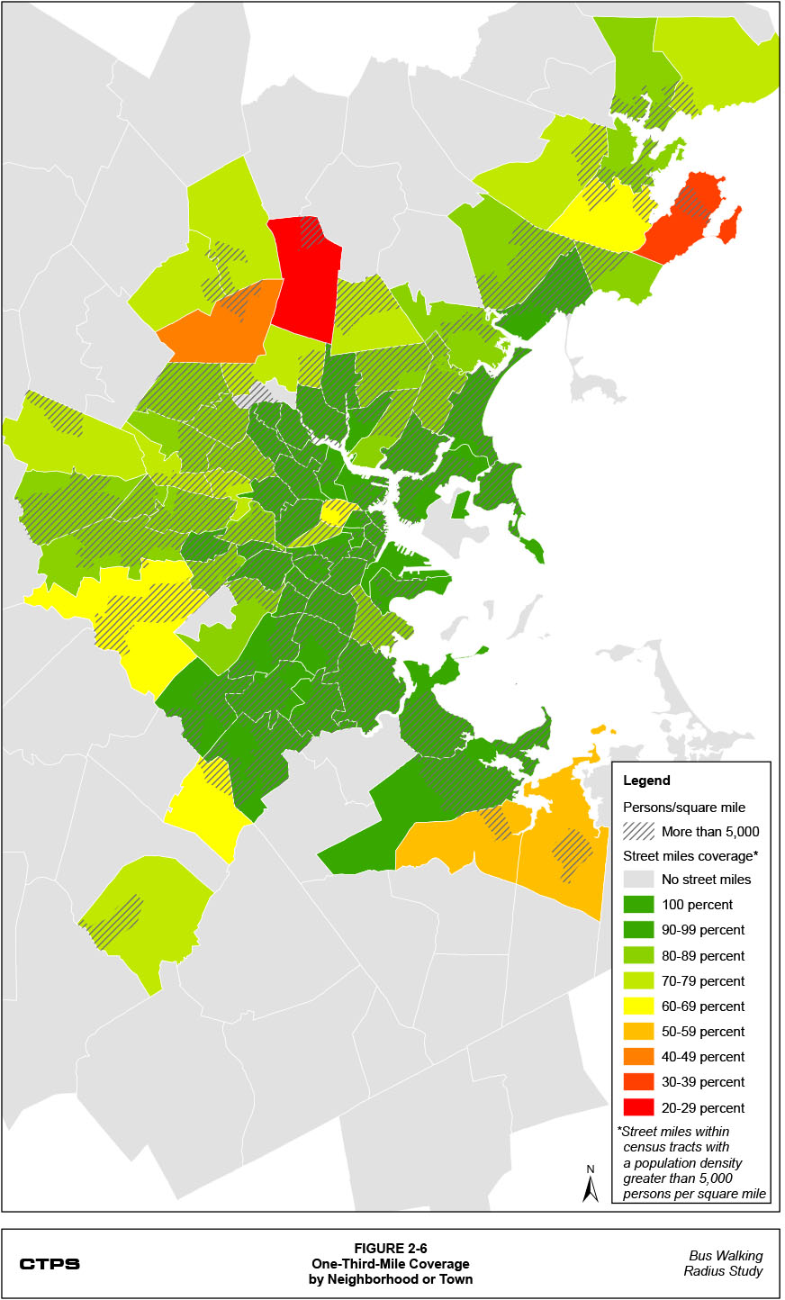 Figure 2-6: One-Third-Mile Coverage by Neighborhood or Town. This is a map that shows the location of census tracts with a population density greater than 5,000 persons per square mile. It also shows, for each town that has at least one of these census tracts, that town’s street mile coverage.